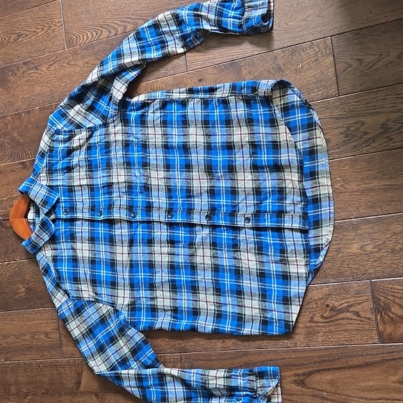 Urban Outfitters Flannel Shirt Mens L Blue Tan Black Long Sleeve Plaid Cotton - Picture 1 of 8